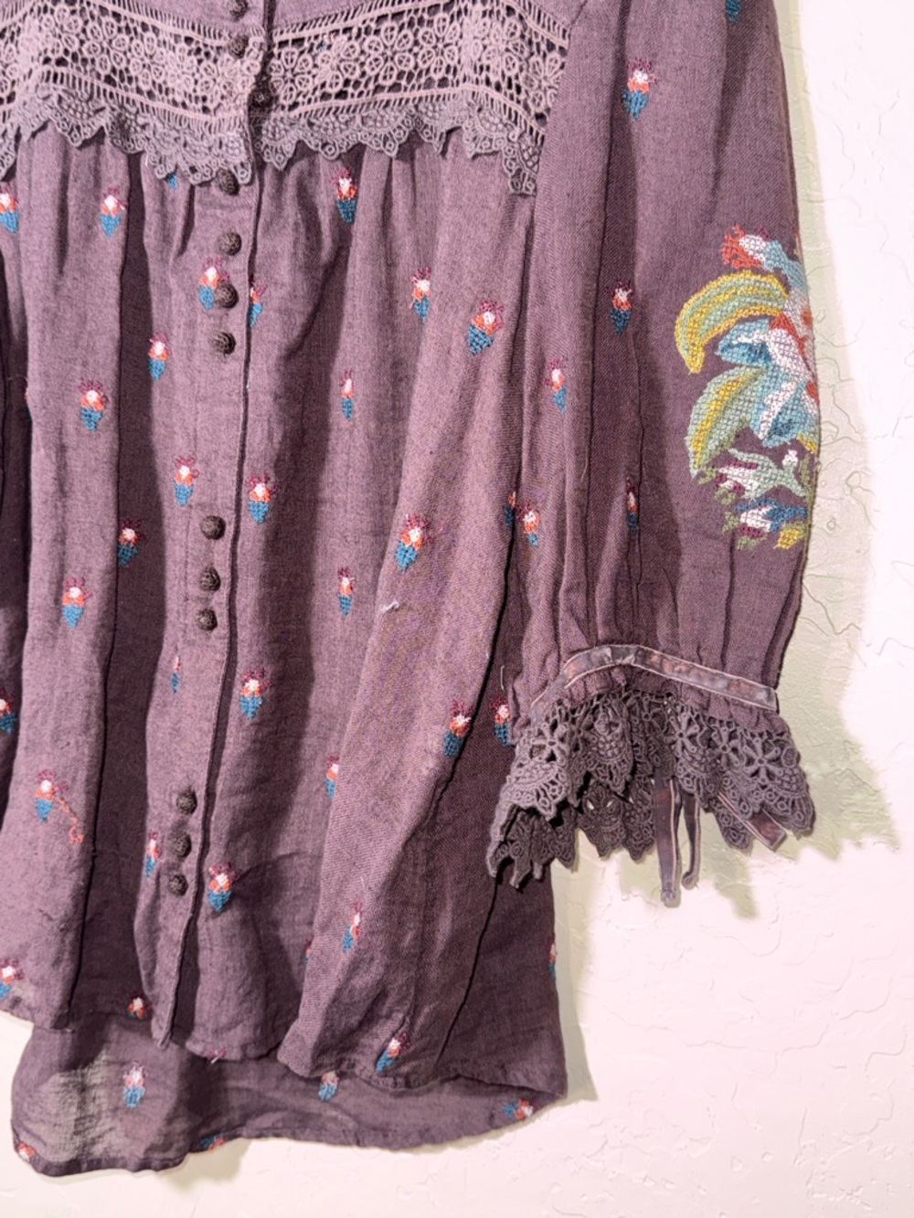 Sundance embroidered floral lace detail square neck blouse linen cotton blend XL - Picture 2 of 8